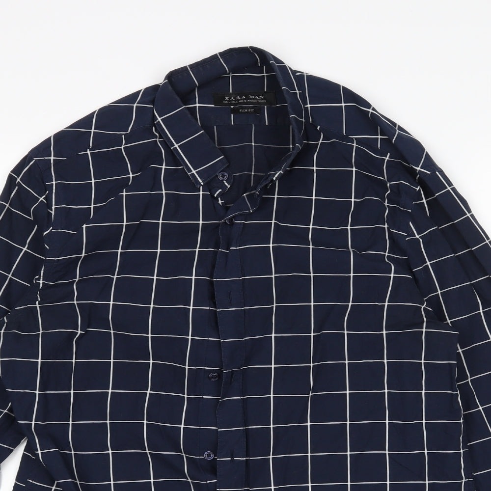 Zara Mens Blue Check   Button-Up Size L