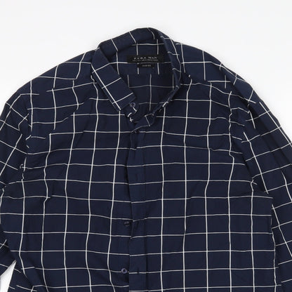 Zara Mens Blue Check   Button-Up Size L