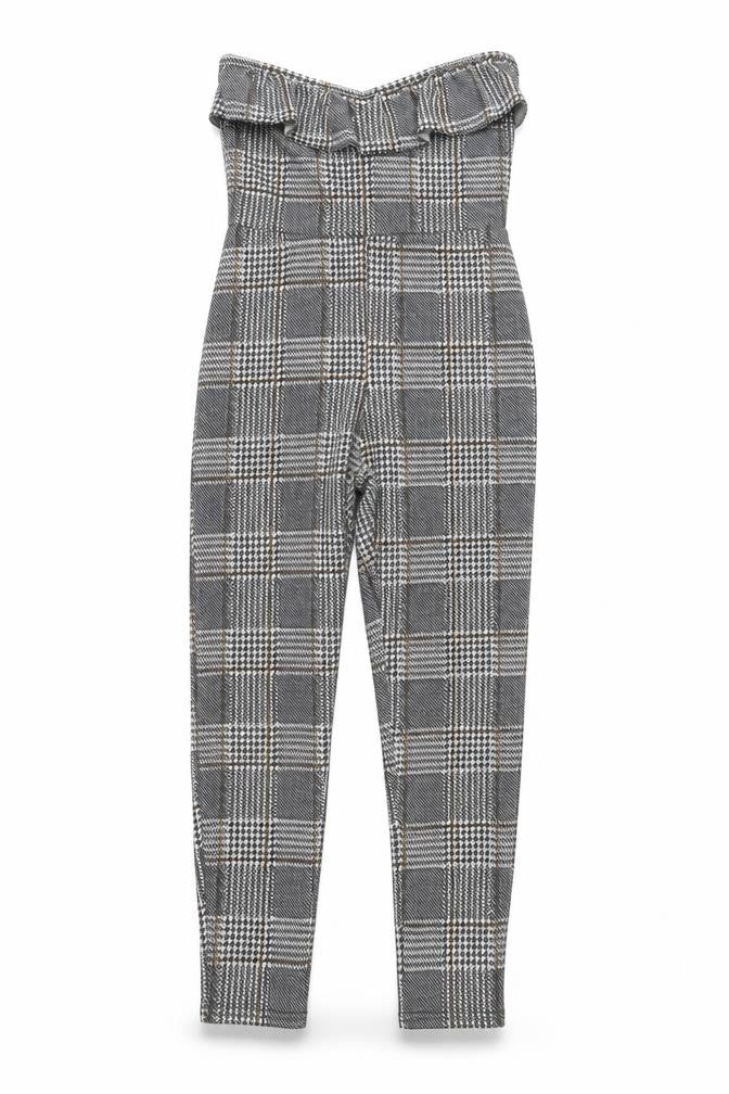 Front view of PRETTYLITTLETHING women’s grey houndstooth jumpsuit one-piece, size UK 8, 24-inch leg