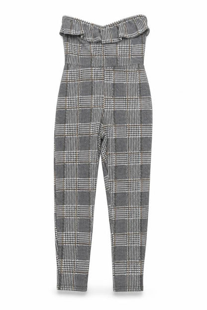 Front view of PRETTYLITTLETHING women’s grey houndstooth jumpsuit one-piece, size UK 8, 24-inch leg