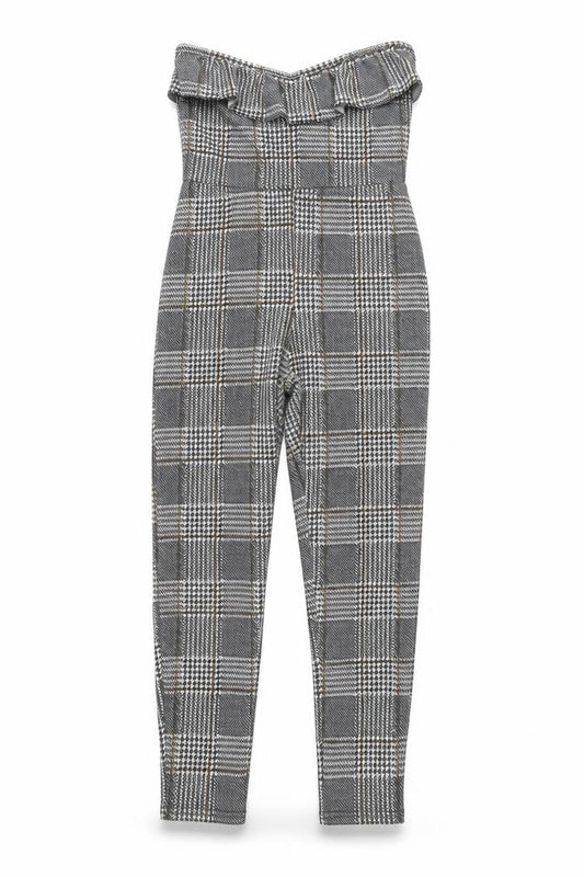 Front view of PRETTYLITTLETHING women’s grey houndstooth jumpsuit one-piece, size UK 8, 24-inch leg