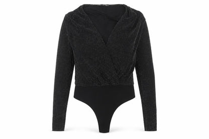 Front view of I SAW IT FIRST women’s black bodysuit one-piece, size S