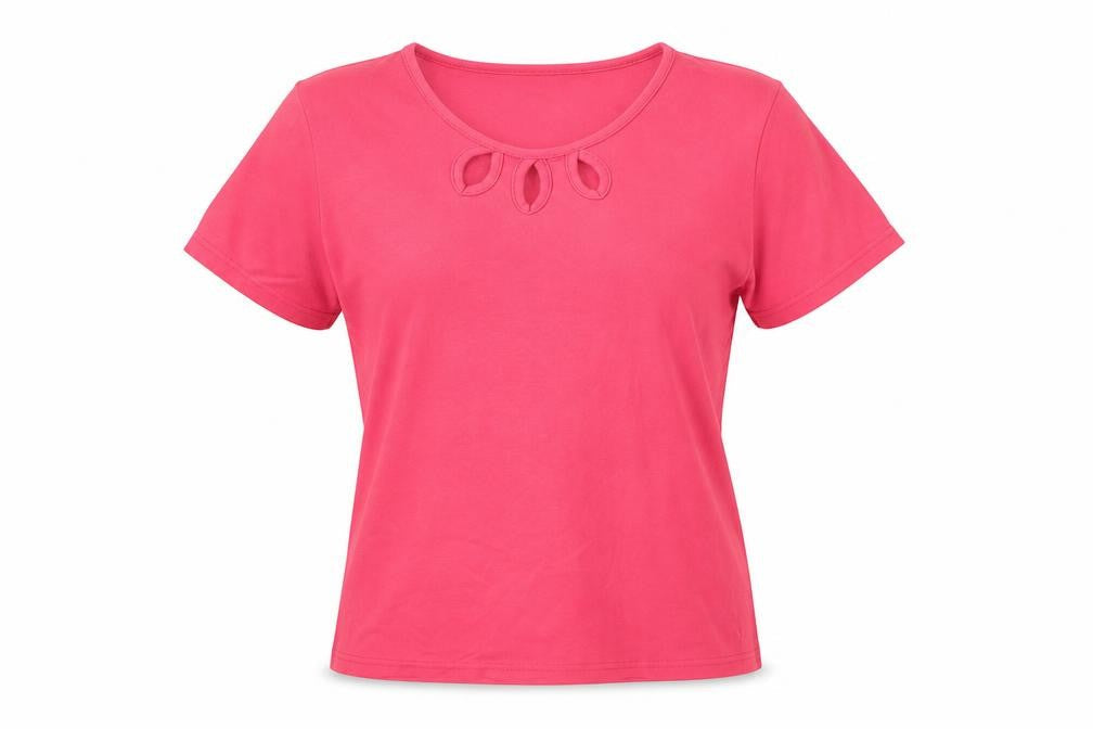 Front view of Isle women’s pink basic t-shirt, size M, - cut out detail