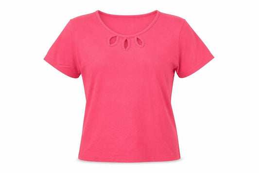 Front view of Isle women’s pink basic t-shirt, size M, - cut out detail