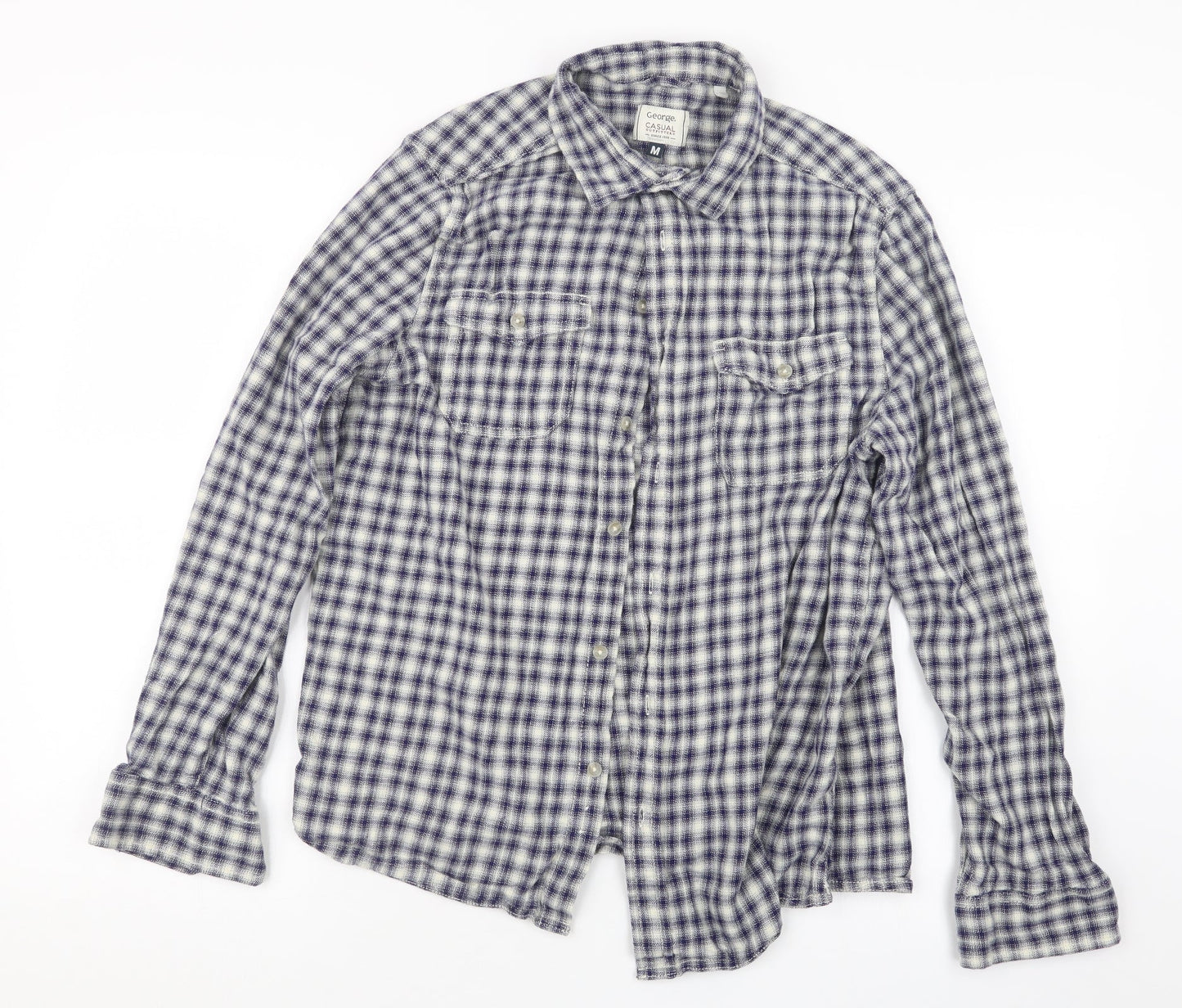 George Mens Blue Check   Button-Up Size M