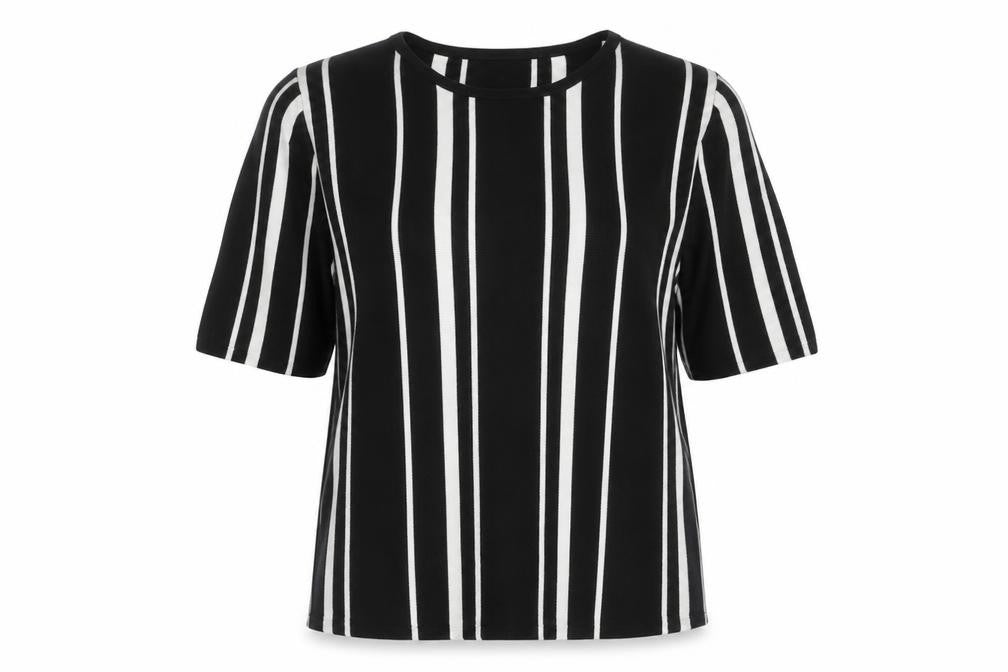 Front view of Dorothy Perkins women’s black striped jumper, size UK 12
