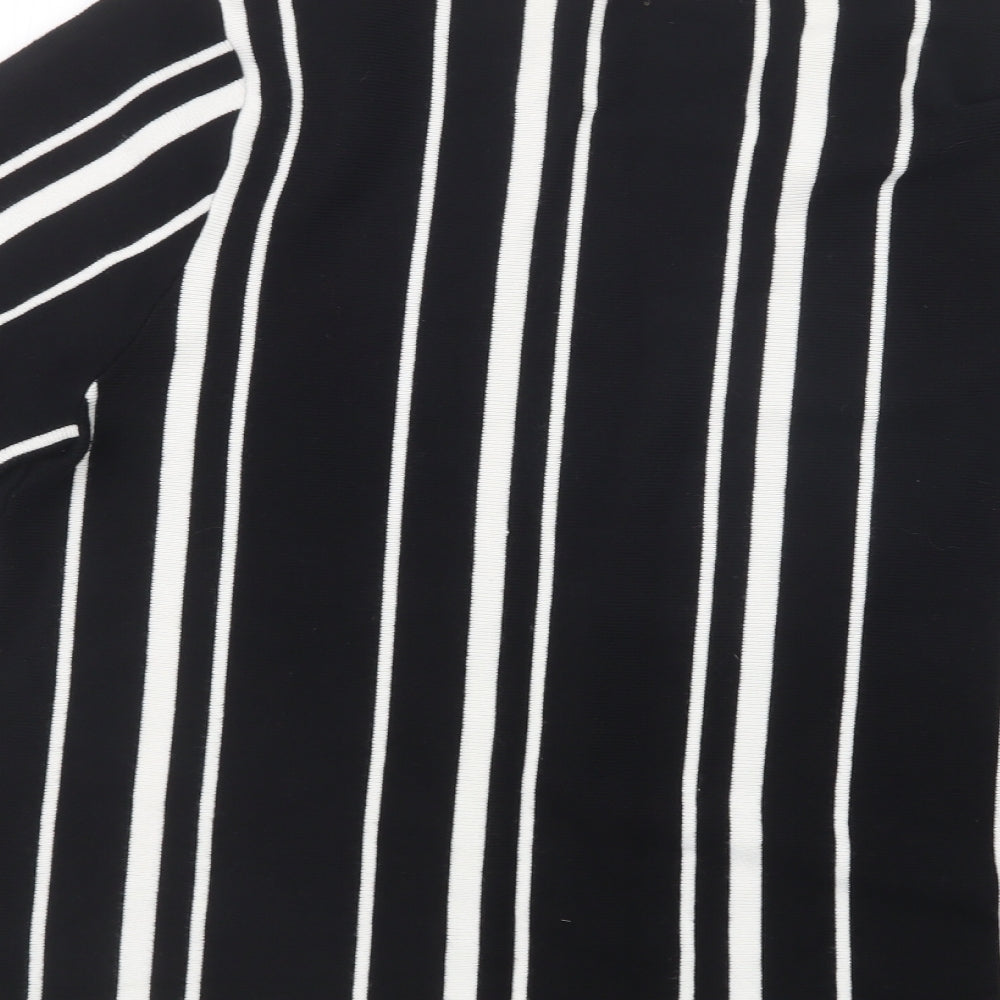 Brand and care label for Dorothy Perkins women’s black striped jumper, size UK 12