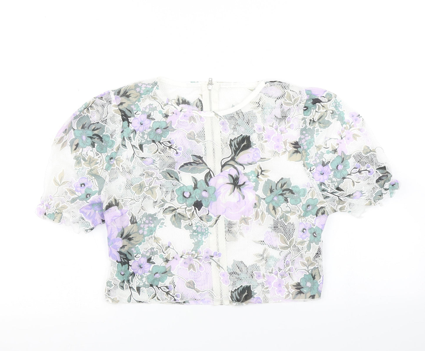 SheIn Womens White Floral Mesh Cropped T-Shirt Size M