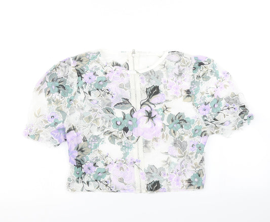 SheIn Womens White Floral Mesh Cropped T-Shirt Size M