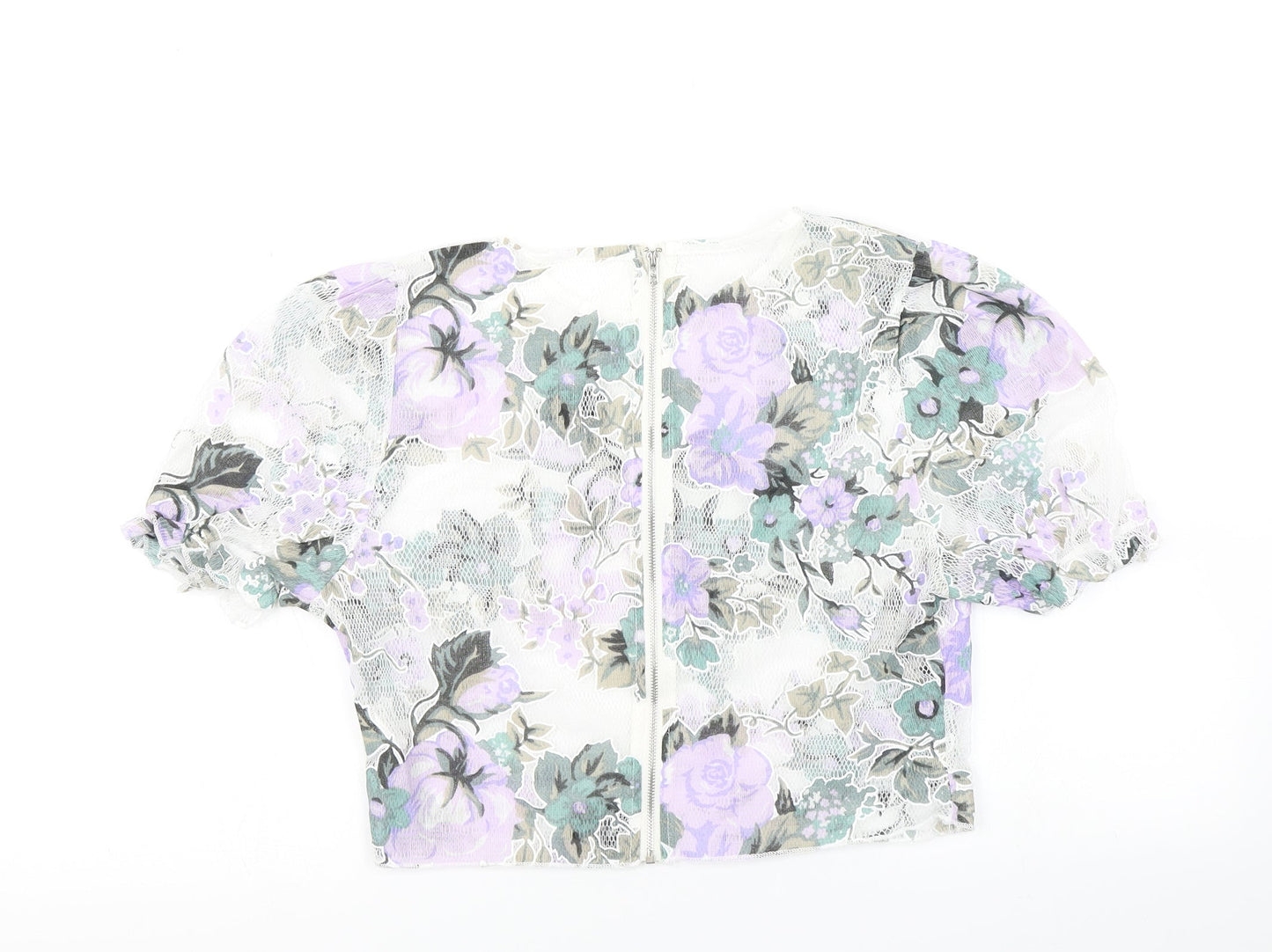 SheIn Womens White Floral Mesh Cropped T-Shirt Size M