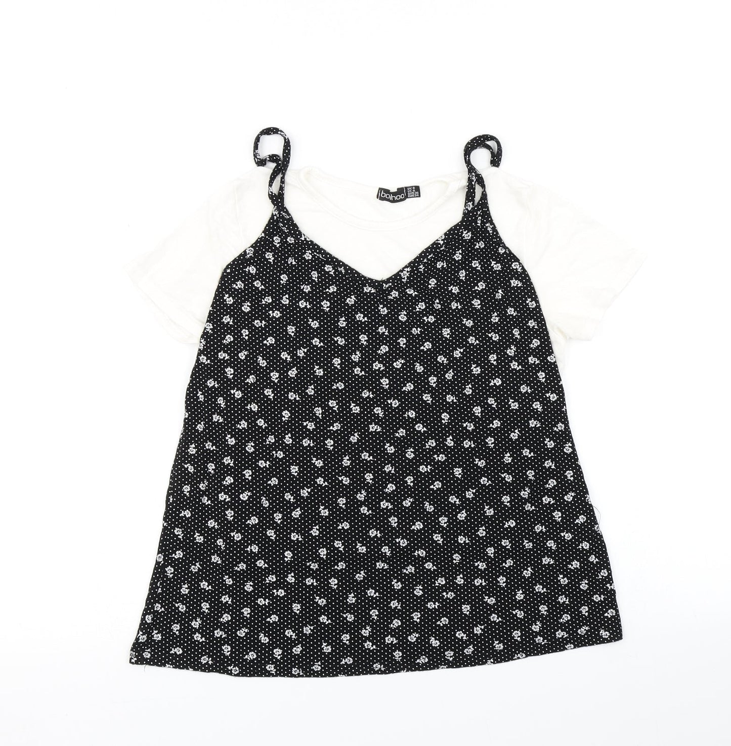 Boohoo Womens Black Floral  Basic T-Shirt Size 8