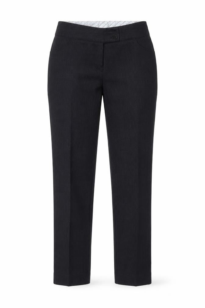 Front view of Preworn women’s blue dress pants trousers, size UK 12, 30-inch leg