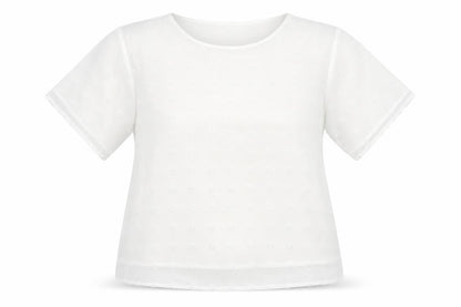 Front view of Bloomin Jelly women’s white polka dot basic t-shirt, size M