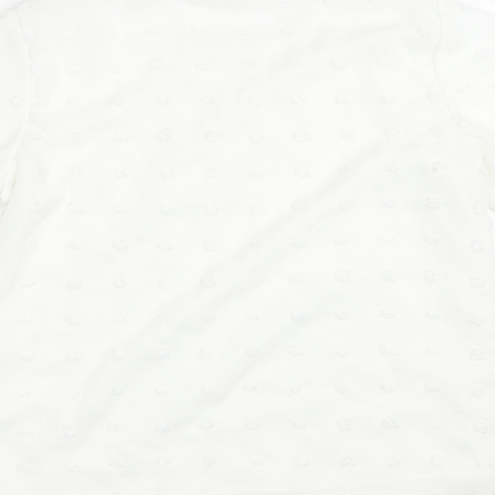 Brand and care label for Bloomin Jelly women’s white polka dot basic t-shirt, size M