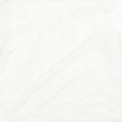 Brand and care label for Bloomin Jelly women’s white polka dot basic t-shirt, size M