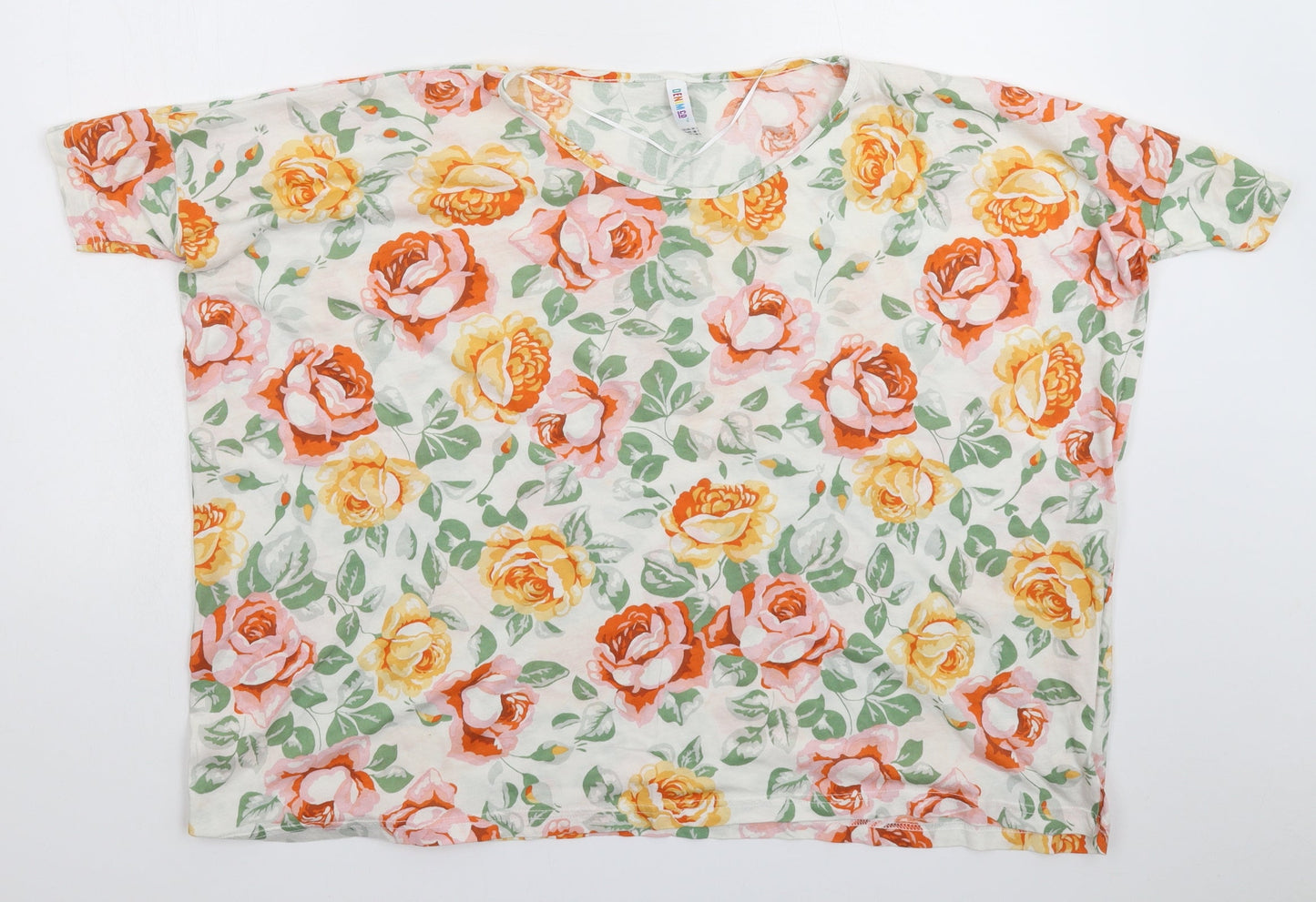 Denim & Co. Womens White Floral  Basic T-Shirt Size 10  - Oversized