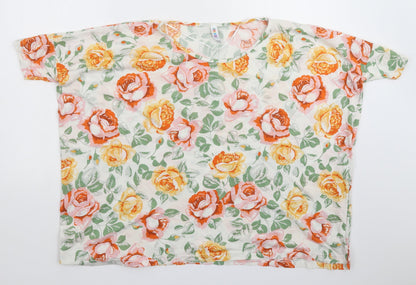 Denim & Co. Womens White Floral  Basic T-Shirt Size 10  - Oversized