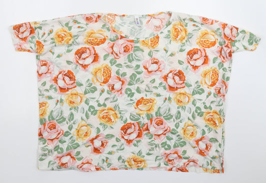 Denim & Co. Womens White Floral  Basic T-Shirt Size 10  - Oversized