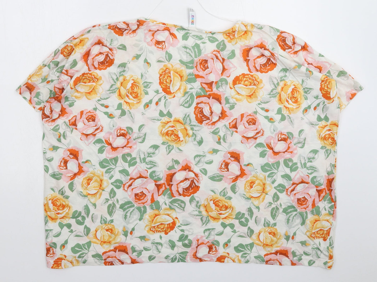 Denim & Co. Womens White Floral  Basic T-Shirt Size 10  - Oversized