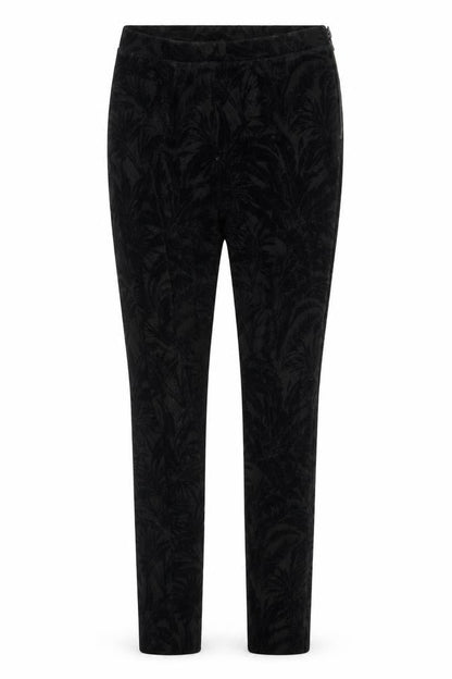 Front view of Topshop women’s black floral trousers, size UK 8, 28-inch leg
