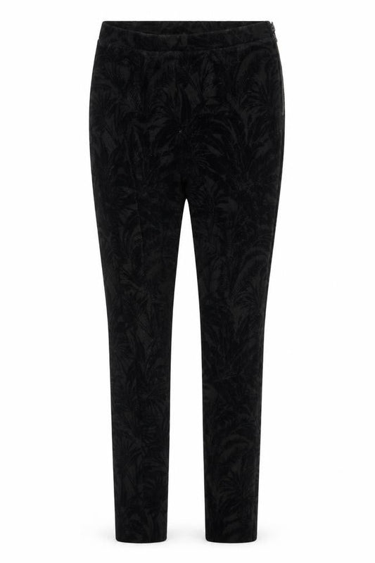 Front view of Topshop women’s black floral trousers, size UK 8, 28-inch leg