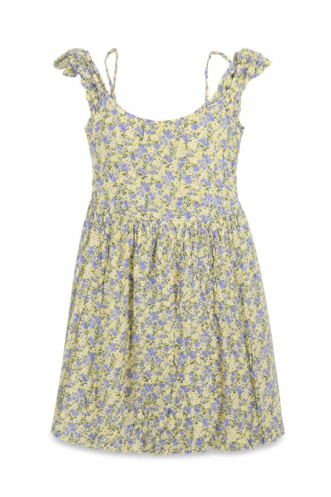 Front view of New Look women’s yellow floral a-line, size UK 6