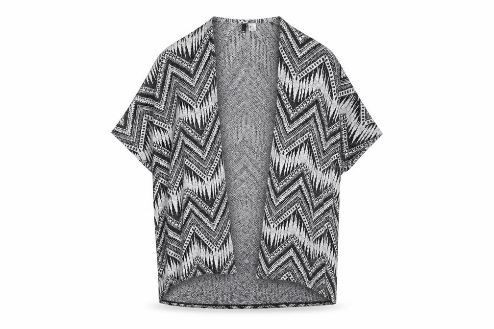 Front view of H&M women’s grey fair isle cardigan jumper, size XS