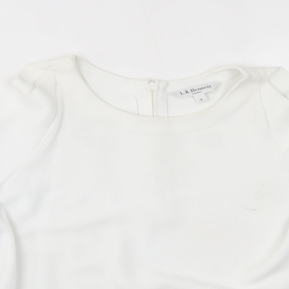 Close-up detail of LK Bennet women’s white basic t-shirt, size S, - shoulder slits