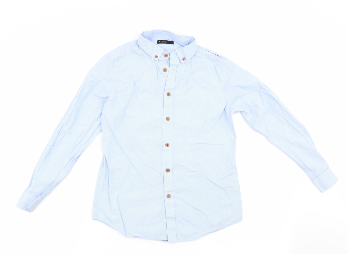 Additional front view of Autograph boys’ blue striped basic button-up, size 11, years