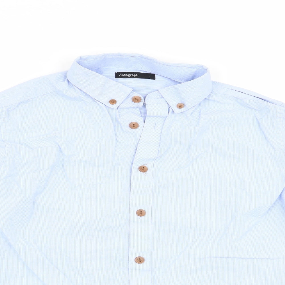 Close-up detail of Autograph boys’ blue striped basic button-up, size 11, years