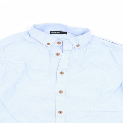 Close-up detail of Autograph boys’ blue striped basic button-up, size 11, years