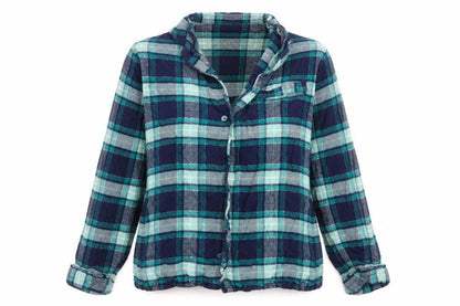 Front view of Marks & Spencer women’s blue check pyjama top, size UK 12, - subtle shimmer effect