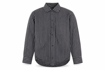 Front view of John Master men’s brown striped button-up, size L