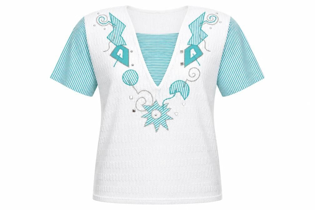 Front view of Adolfo Sport women’s white geometric jumper, size M, - applique decoration