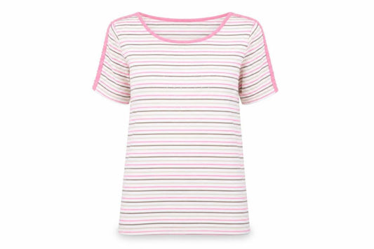 Front view of Bonmarché women’s pink striped tunic t-shirt, size M