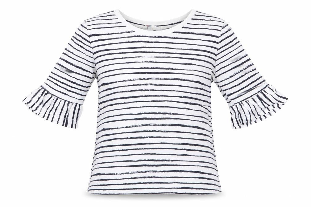 Front view of The Kids Division girls’ blue striped tunic t-shirt, size 7-8, years