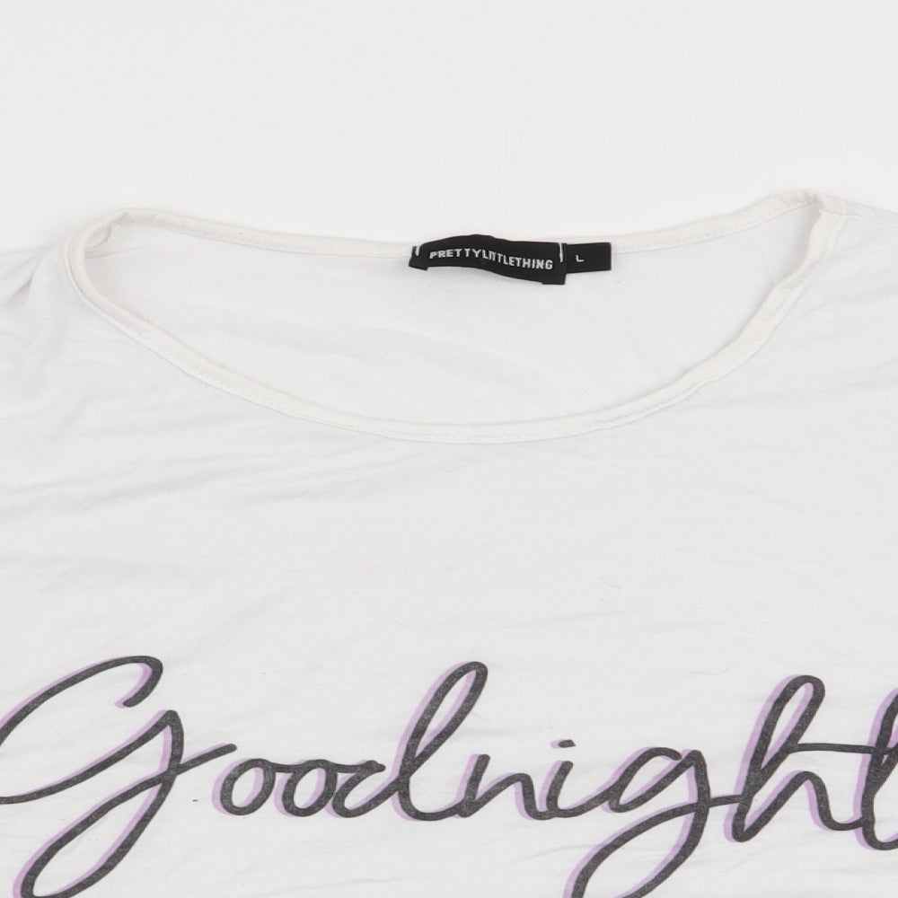 Close-up detail of PRETTYLITTLETHING women’s white solid pyjama top, size L, - goodnight