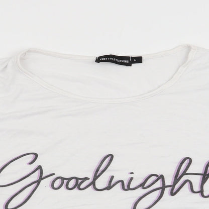 Close-up detail of PRETTYLITTLETHING women’s white solid pyjama top, size L, - goodnight