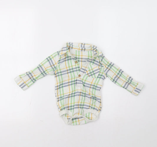 Front view of Tu Baby Green Check Romper One-Piece, size 6-9, Months