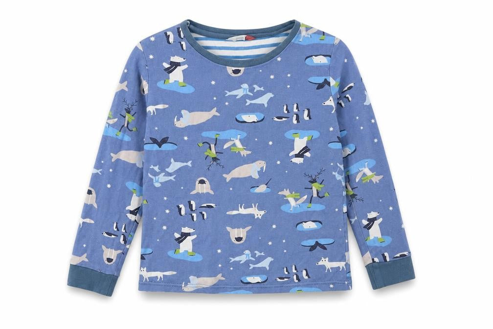 Front view of John Lewis girls’ blue top pyjama top, size 7, years - seals
