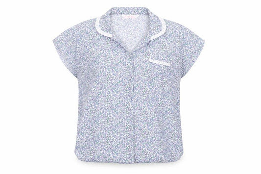 Front view of Secret women’s blue floral basic button-up, size S