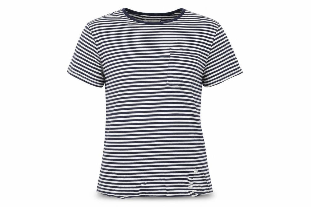 Front view of casual friday women’s white striped basic t-shirt, size M
