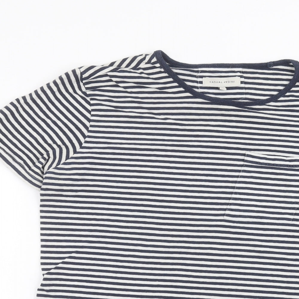 Close-up detail of casual friday women’s white striped basic t-shirt, size M