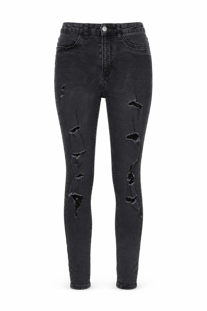 Front view of H&M women’s black skinny jeans, size UK 8, 28-inch leg