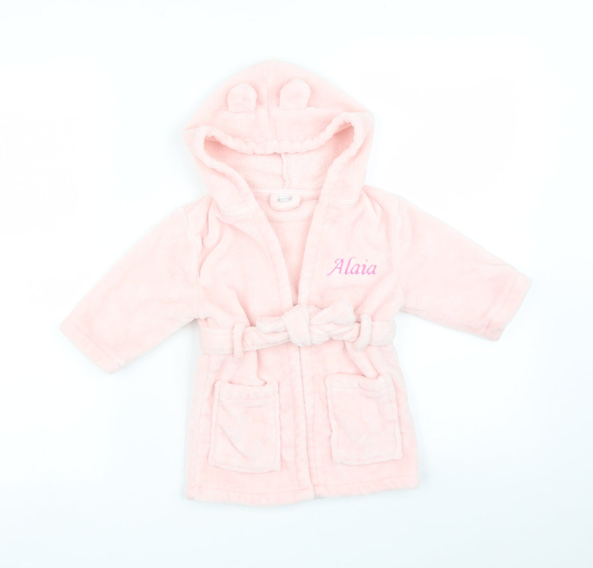 Additional front view of MY1STYEARS girls’ pink solid robe, size 6-9, months