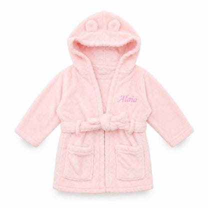 Front view of MY1STYEARS girls’ pink solid robe, size 6-9, months
