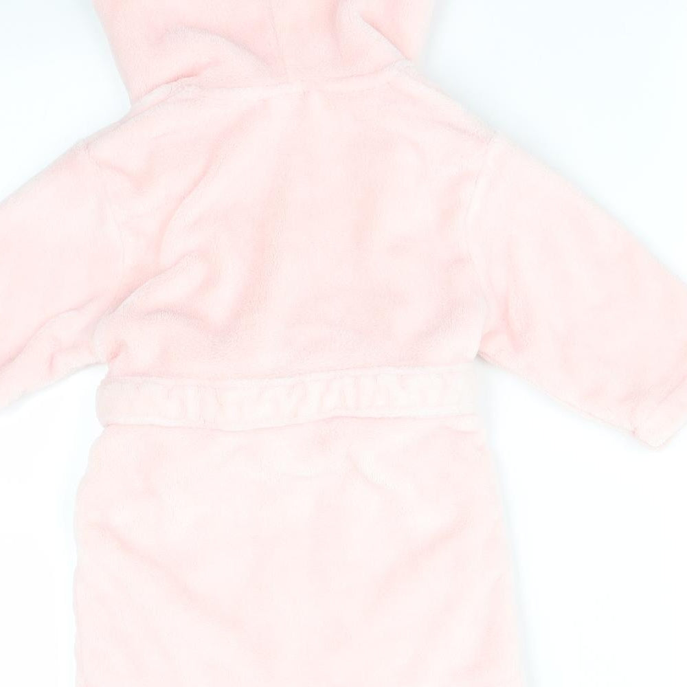Brand and care label for MY1STYEARS girls’ pink solid robe, size 6-9, months