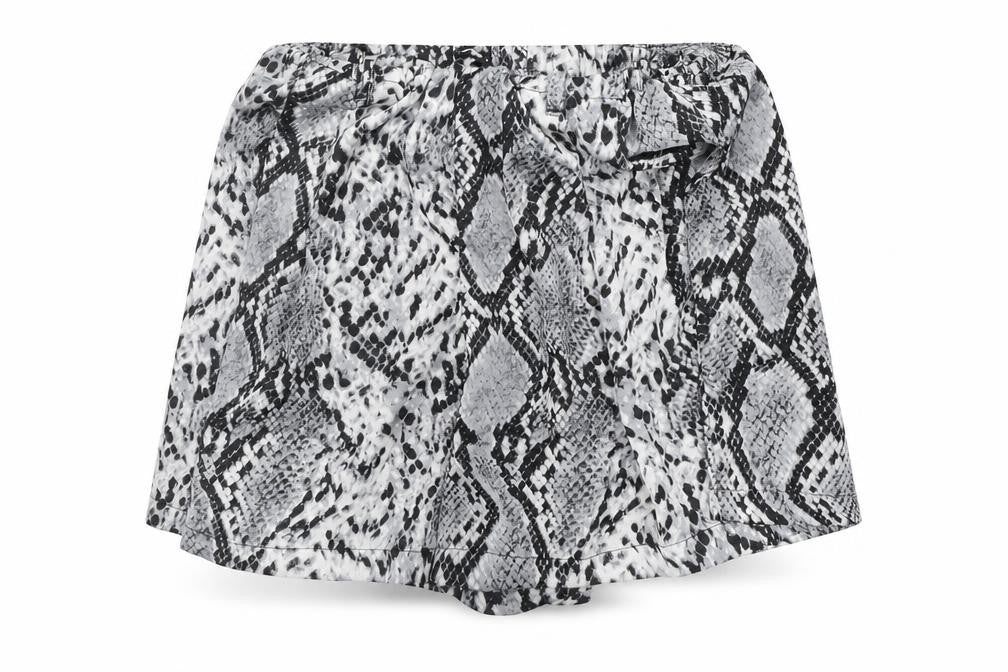 Front view of Rebellious women’s grey animal print hot pants shorts, size UK 10