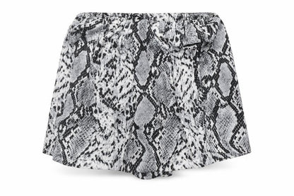 Front view of Rebellious women’s grey animal print hot pants shorts, size UK 10