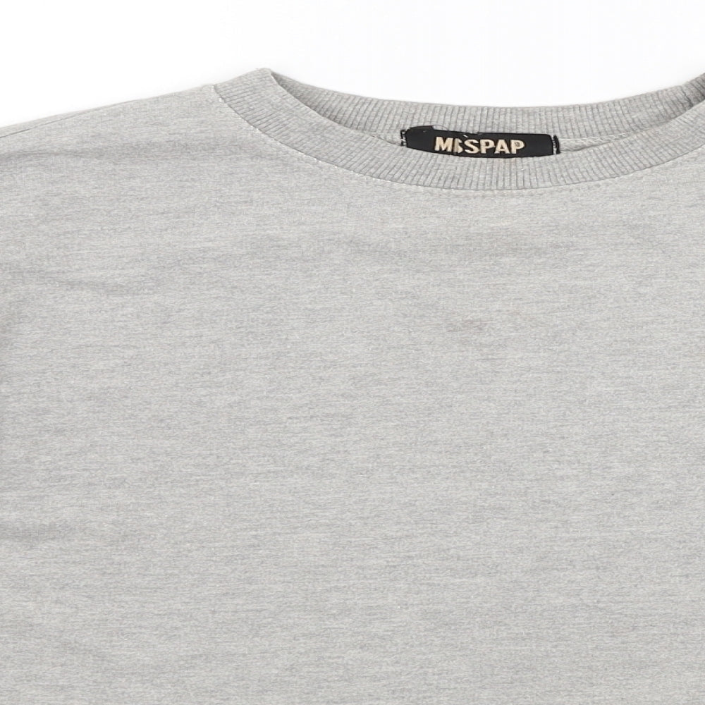 Close-up detail of Misspap women’s grey pullover sweatshirt, size UK 8